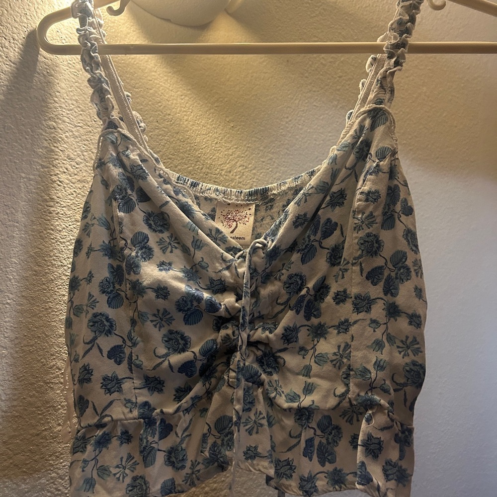 Self Esteem Cream Ruched Tie Front Tank Top